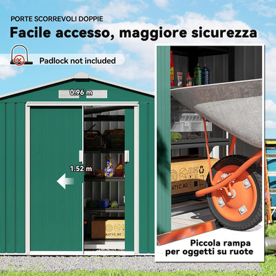 Casetta da Giardino Porta Utensili in Lamiera di Acciaio, Capanno da Giardino in Acciaio con Porte Scorrevoli, 213x130x185cm, Verde