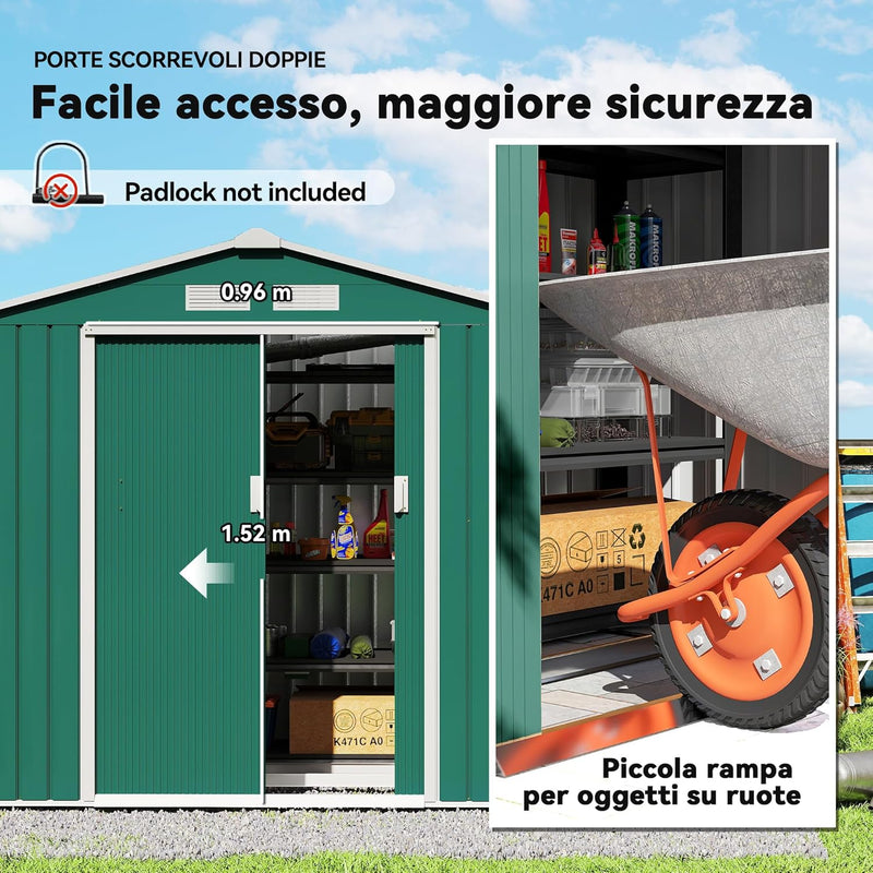Casetta da Giardino Porta Utensili in Lamiera di Acciaio, Capanno da Giardino in Acciaio con Porte Scorrevoli, 213x130x185cm, Verde