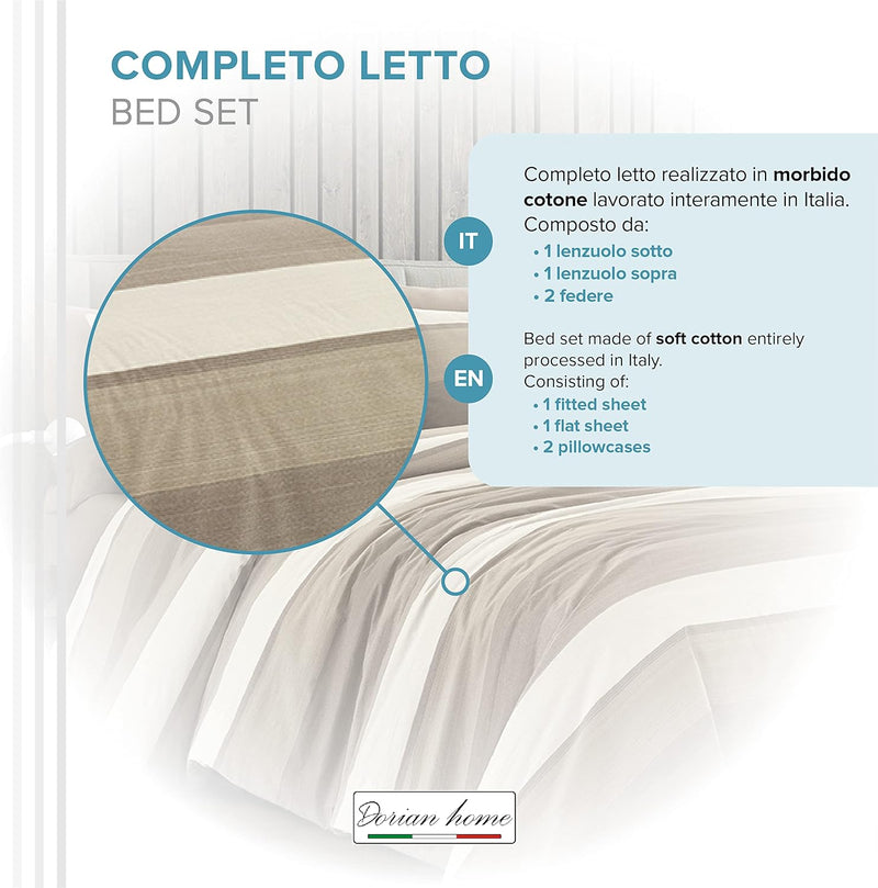 Dorian Home, Completo Letto 1 Piazza e Mezza 100% Cotone, Completo Lenzuola 130 x 200, Formato da Lenzuolo Sotto, Lenzuolo Sopra e una Federa, Made in Italy, Garda Beige