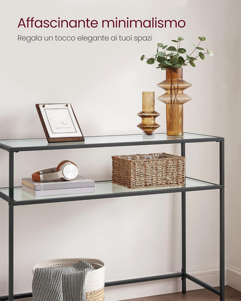 Consolle Ingresso, Tavolo Consolle, Piano in Vetro Temperato, Telaio Robusto e Stabile, Piedini Regolabili, per Soggiorno, Corridoio, Nero e Trasparente