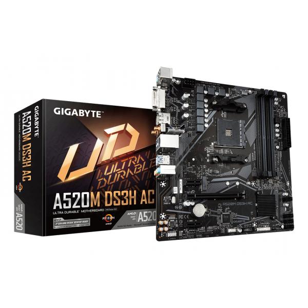Gigabyte A520M DS3H AC - 1.X - scheda madre - micro ATX - Socket AM4 - Chipset AMD A520 - USB 3.2 Gen 1 - Gigabit LAN, Wi-Fi, Bluetooth - grafica integrata (CPU richiesta)