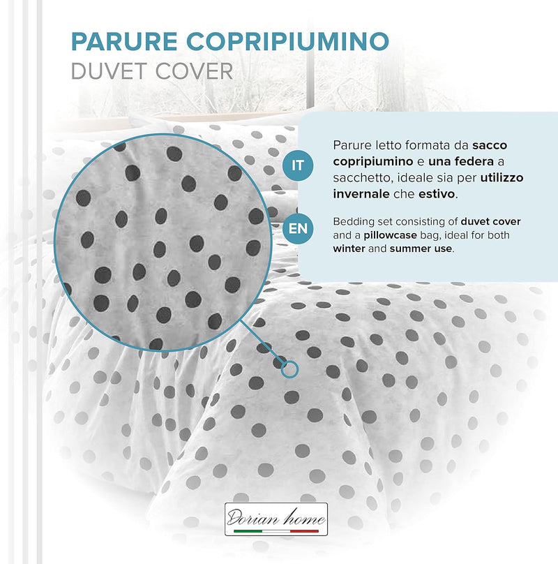 Dorian Home Parure Copripiumino Matrimoniale 250 x 210 cm, Copripiumino Matrimoniale Cotone, Realizzato in 100% Morbido e Puro Cotone, Made In Italy, Fantasia Pois Grigio