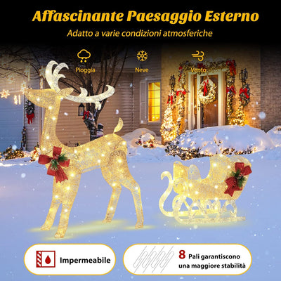 Slitta e Renne Luminose con LED, Luci Natalizie a Forma di Renna da Esterno Interno, con 100 Led, illuminazione 8,6W, Luci Natalizie, Figure Luminose