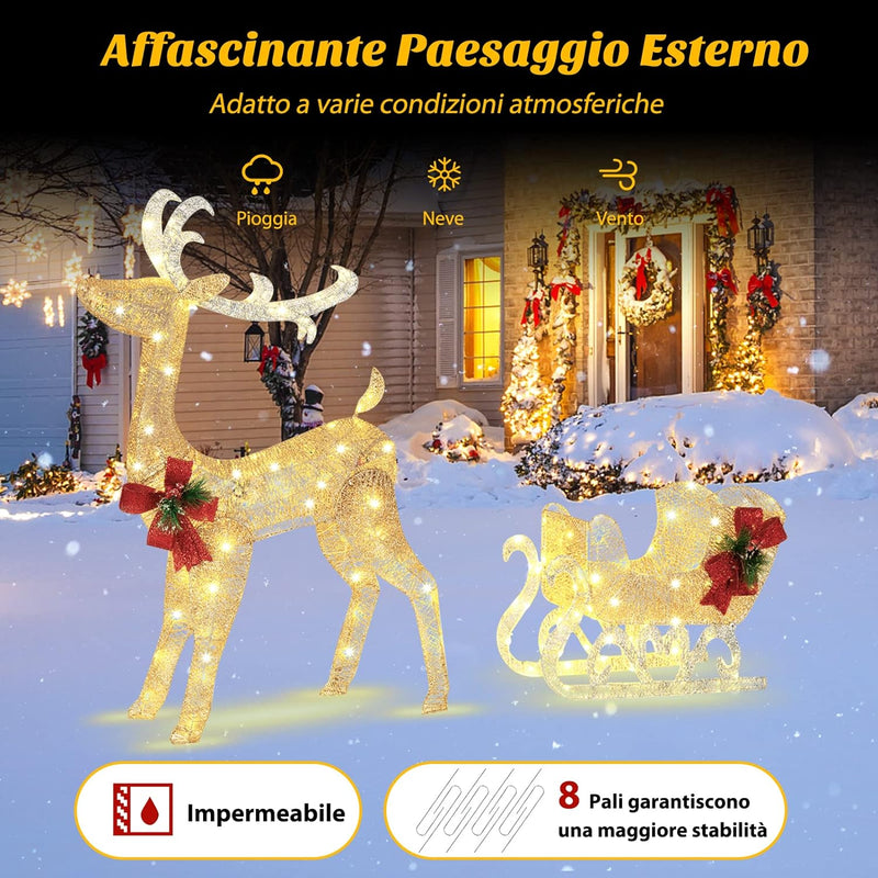 Slitta e Renne Luminose con LED, Luci Natalizie a Forma di Renna da Esterno Interno, con 100 Led, illuminazione 8,6W, Luci Natalizie, Figure Luminose