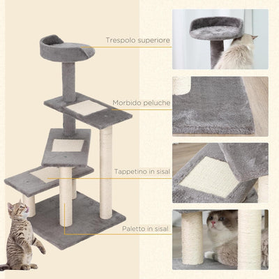 Albero Tiragraffi per Gatti Alto 100 cm, Tiragraffi per Gatti con Lettino Rotondo, Pali in Sisal e Rivestimento in Peluche, Grigio