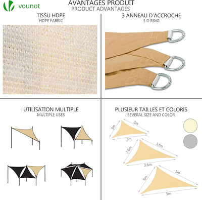 Tenda da Sole per Esterno, 3x3x3 m Vela Ombreggiante Triangolare con Kit di Fissaggio, Tenda a Vela, Traspirante HDPE Protezione UV, per Giardino, Balcone, Terrazza, Avorio