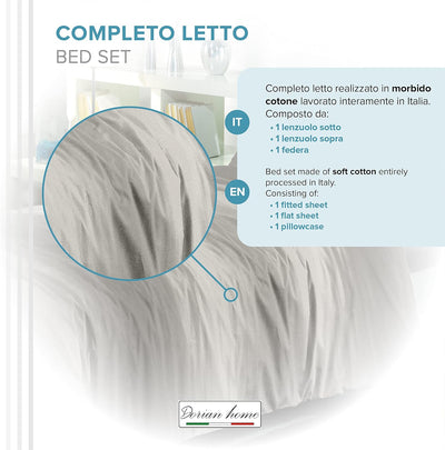 Dorian Home Completo Letto Matrimoniale, Lenzuola Matrimoniali 100% Cotone 180x200 cm, Formato dal Lenzuolo Sopra, Lenzuolo Sotto e Due Federe, Made in Italy, Fantasia Smeralda Grigio