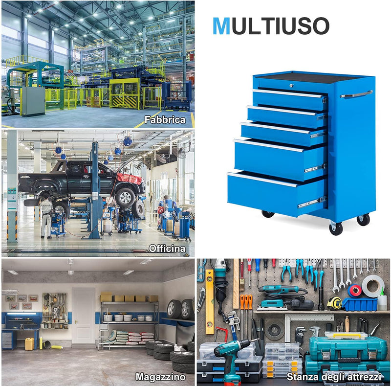 Carrello Porta Utensili Attrezzi Attrezzatura con Cassettiera Azzurro 61.5 x 33 x 82.5cm
