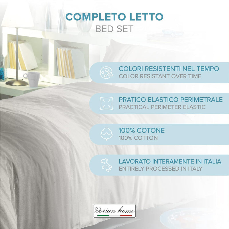 Dorian Home, Completo Letto 1 Piazza e Mezza 100% Cotone, Completo Lenzuola 130 x 200, Formato da Lenzuolo Sotto, Lenzuolo Sopra e una Federa, Made in Italy, Smeralda Grigio