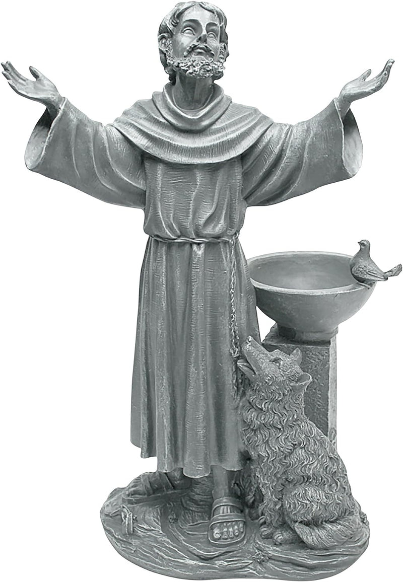 Design Toscano La benedizione di San Francesco Decorazione religiosa da giardino con mangiatoia per uccelli, poliresina, pietra grigia, 48 cm