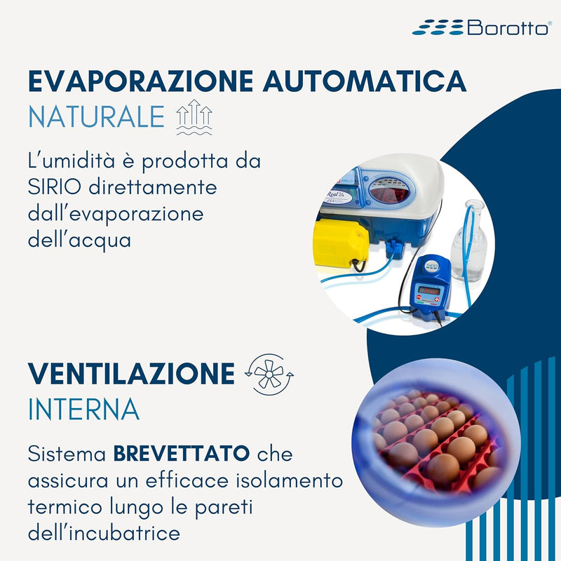 Borotto REAL 24 Expert - Incubatrice Automatica Professionale Brevettata, con Umidificatore Automatico Sirio - per 24 Uova o 96 Uova Piccole