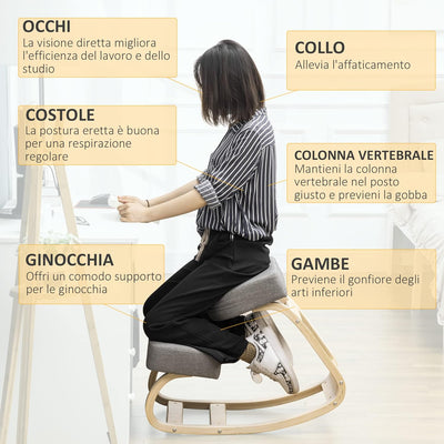 Sedia Ergonomica con Inginocchiatoio in Legno di Betulla, Sedia Posturale con Cuscino in Gommapiuma e Poliestere per Casa e Ufficio, Grigio