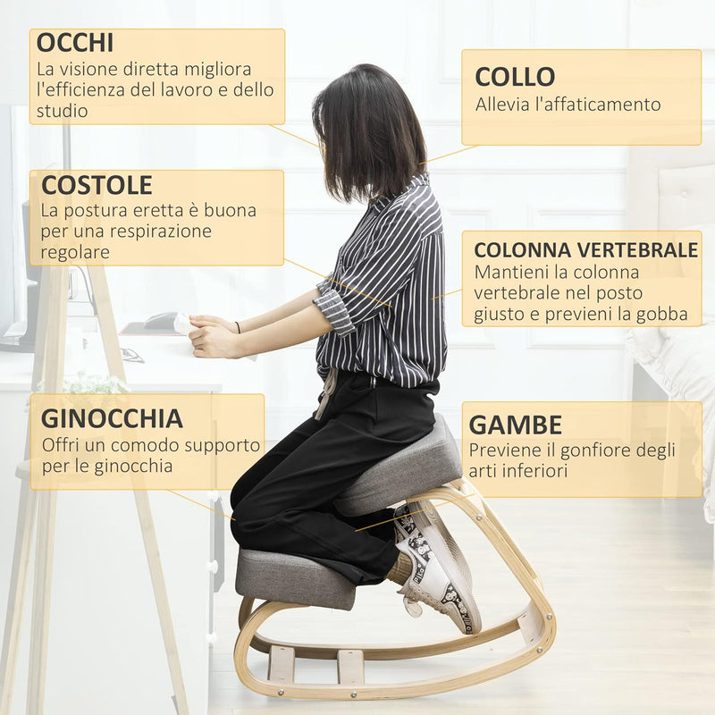 Sedia Ergonomica con Inginocchiatoio in Legno di Betulla, Sedia Posturale con Cuscino in Gommapiuma e Poliestere per Casa e Ufficio, Grigio