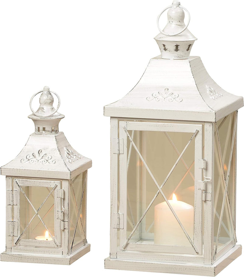 Lanterna 2 parti. Set Metallo/Vetro bianco shabby chic circa 40x17x17cm e 27x11x11cm