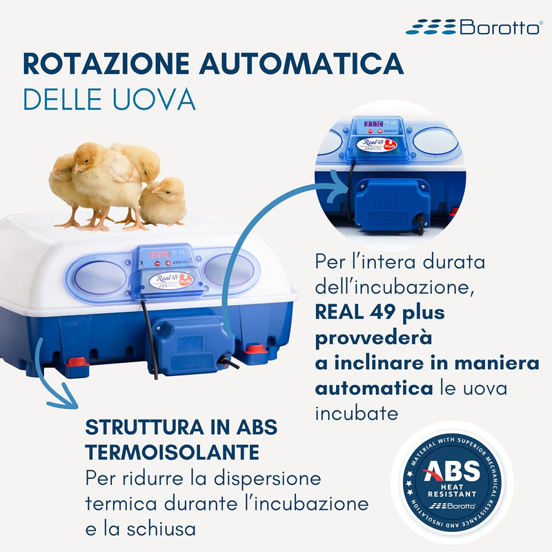 Borotto Real 49 Plus Automatica - Incubatrice Professionale Brevettata, Girauova Automatico, Materiale Termoisolante con Antibatterico - per 49 Uova o 196 Uova Piccole