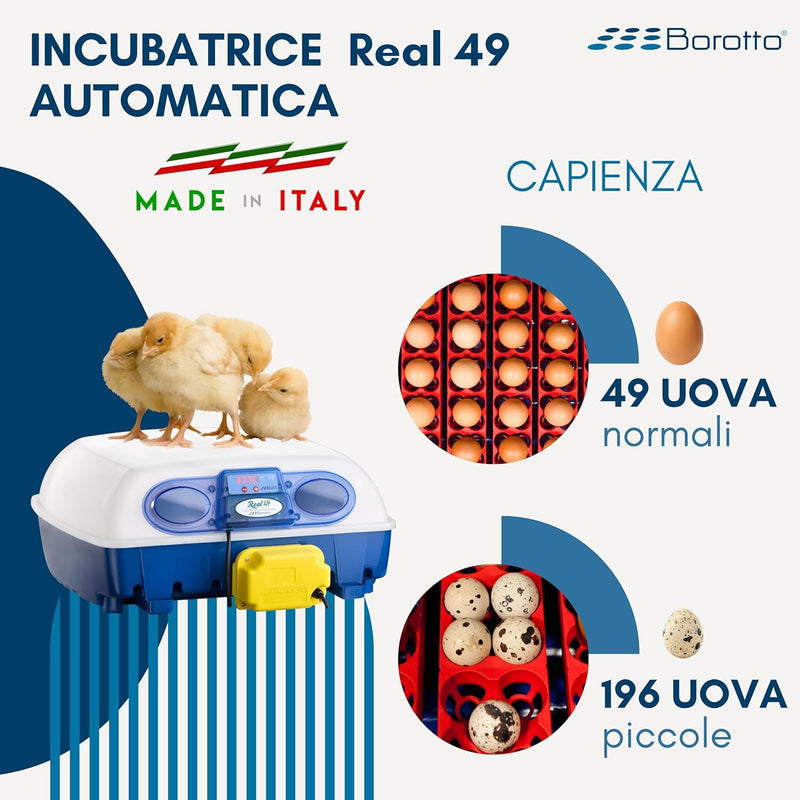 Borotto Real 49 Plus Automatica - Incubatrice Professionale Brevettata, Girauova Automatico, Materiale Termoisolante con Antibatterico - per 49 Uova o 196 Uova Piccole