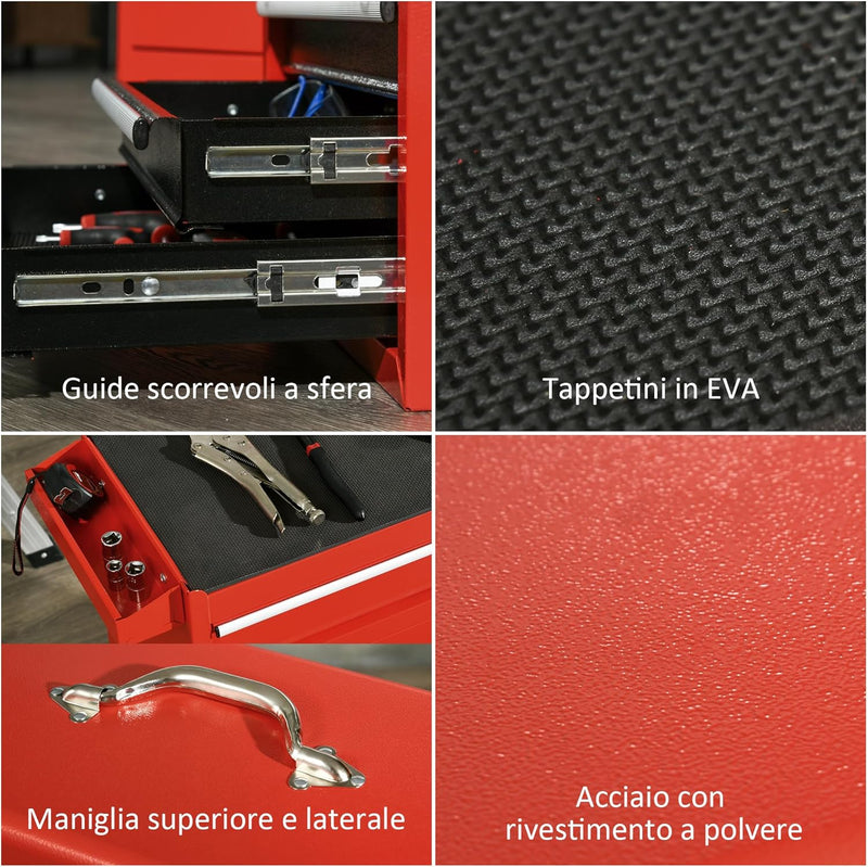 Carrello Porta Attrezzi 2 in 1 con Cassetta Portautensili Rimovibile, Armadietto con Chiave e 4 Cassetti Totali in Acciaio, Rosso