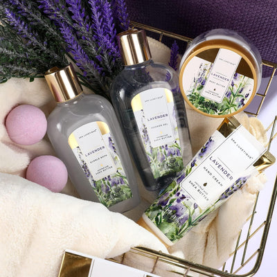 Set regalo donna – 10 pezzi, profumo di lavanda, regalo di compleanno, crema per le mani, gel doccia, bagnoschiuma, lozione per il corpo, sali da bagno, spugna da bagno e borsa spaziosa