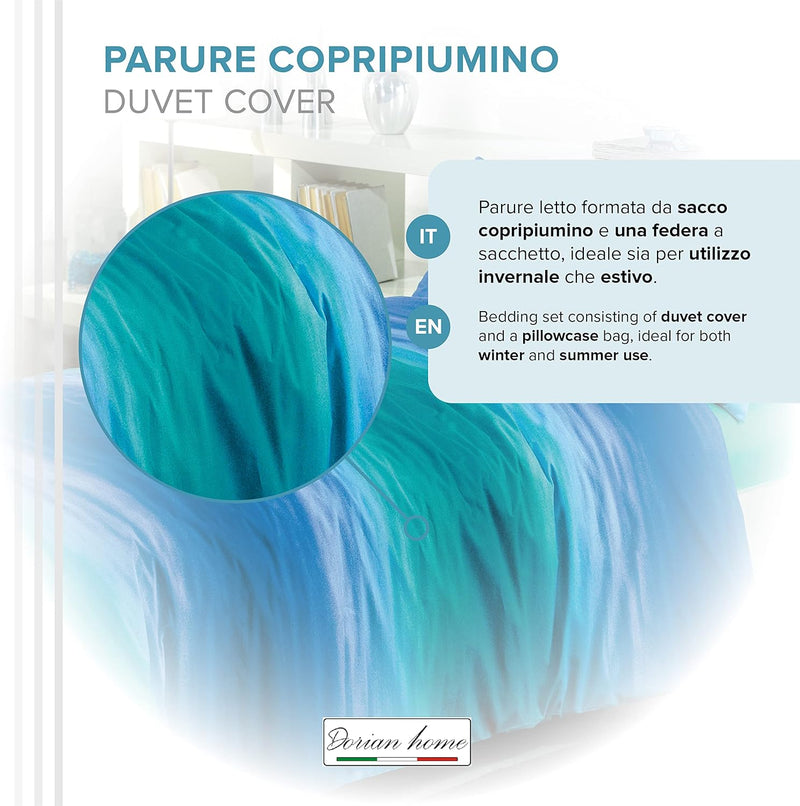 Dorian Home Parure Copripiumino Matrimoniale 250 x 210 cm, Copripiumino Matrimoniale Cotone, Realizzato in 100% Morbido e Puro Cotone, Made In Italy, Fantasia Smeralda Bluette