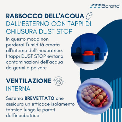 Borotto Real 49 Plus Automatica - Incubatrice Professionale Brevettata, Girauova Automatico, Materiale Termoisolante con Antibatterico - per 49 Uova o 196 Uova Piccole