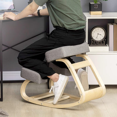 Sedia Ergonomica con Inginocchiatoio in Legno di Betulla, Sedia Posturale con Cuscino in Gommapiuma e Poliestere per Casa e Ufficio, Grigio