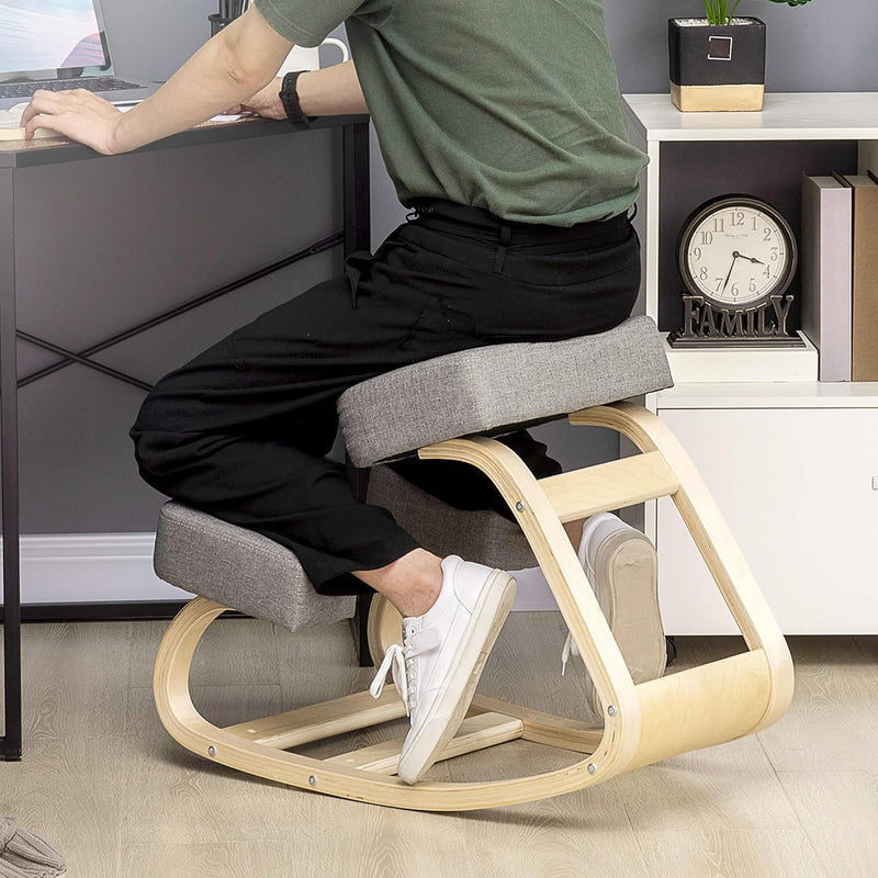 Sedia Ergonomica con Inginocchiatoio in Legno di Betulla, Sedia Posturale con Cuscino in Gommapiuma e Poliestere per Casa e Ufficio, Grigio