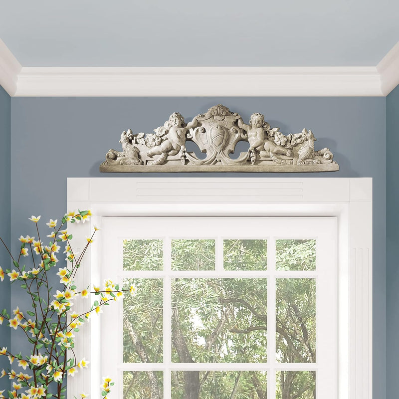 Frontone Scultoreo Da Parete Devonshire  94 cm Stile classico Decorazione murale Arte tradizionale Scultura Sacra Con Angeli per Ingresso