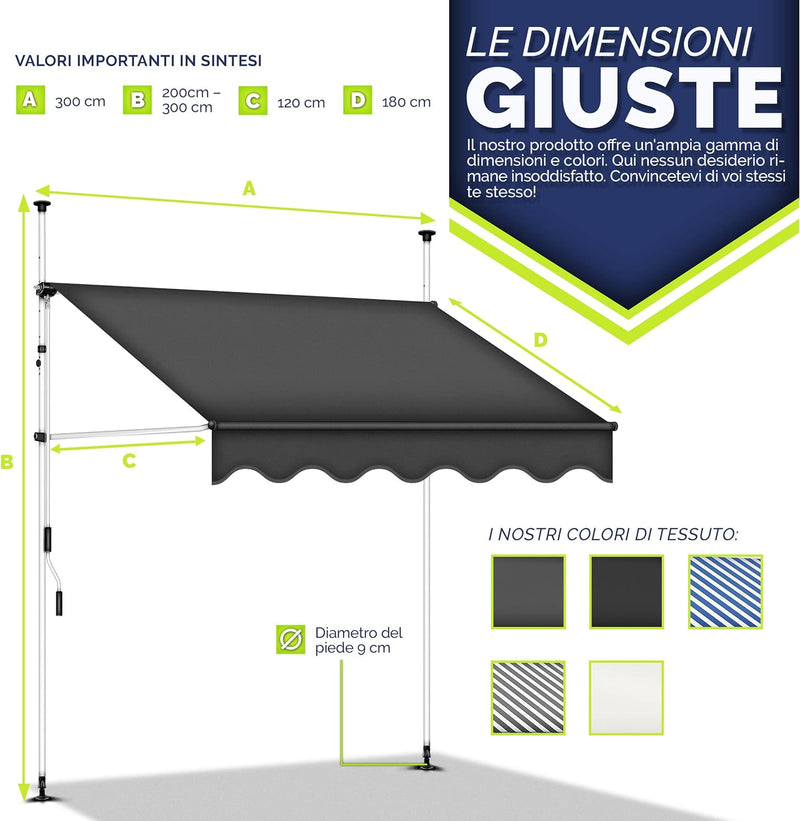 Tenda da Sole a Bracci con Manovella 300cm Resistente per Esterno ai Raggi UV e Regolabile in Altezza