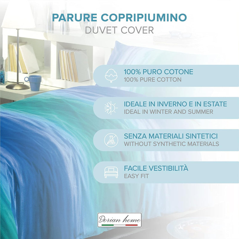 Dorian Home Parure Copripiumino Matrimoniale 250 x 210 cm, Copripiumino Matrimoniale Cotone, Realizzato in 100% Morbido e Puro Cotone, Made In Italy, Fantasia Smeralda Bluette