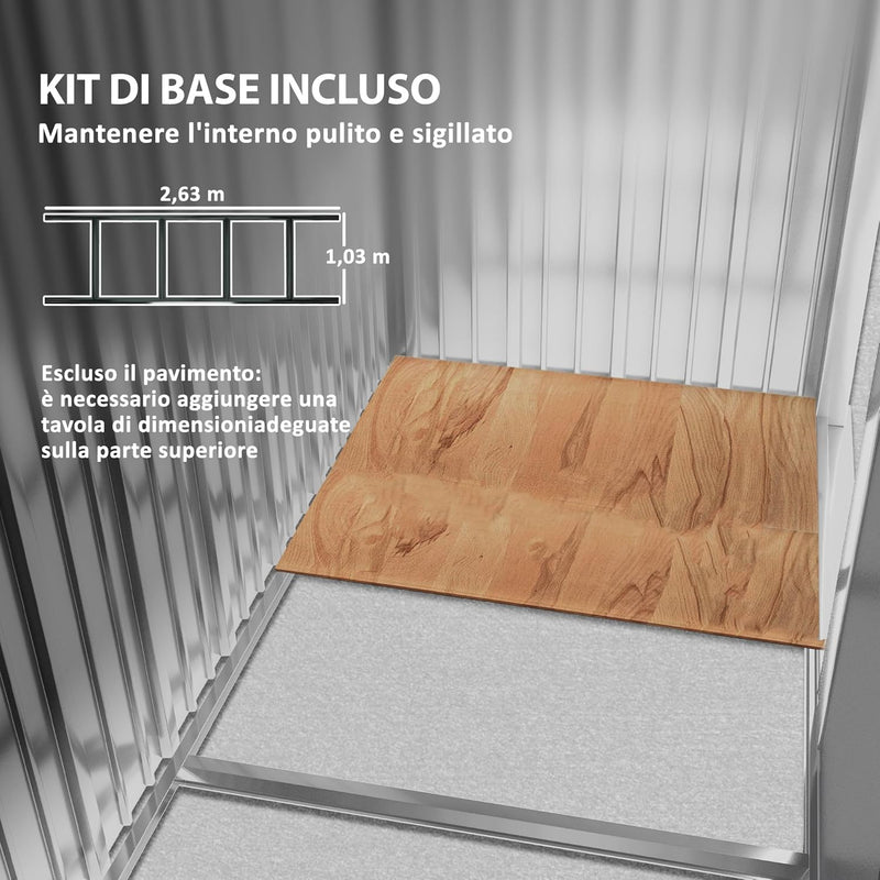 Casetta da Giardino con Base e Doppie Porte Scorrevoli in Lamiera di Acciaio, Capanno da Giardino in Acciaio, 277x195x192cm, Grigia