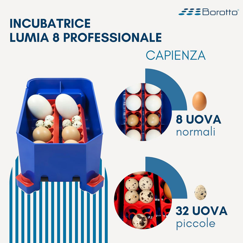 Borotto LUMIA 8 Automatica - Incubatrice per Uova Professionale Brevettata, con Girauova Automatico - per 8 Uova Medio/Grandi o 32 Uova Piccole