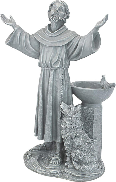 Design Toscano La benedizione di San Francesco Decorazione religiosa da giardino con mangiatoia per uccelli, poliresina, pietra grigia, 48 cm