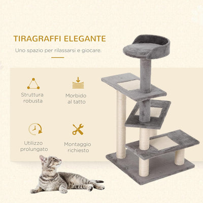 Albero Tiragraffi per Gatti Alto 100 cm, Tiragraffi per Gatti con Lettino Rotondo, Pali in Sisal e Rivestimento in Peluche, Grigio