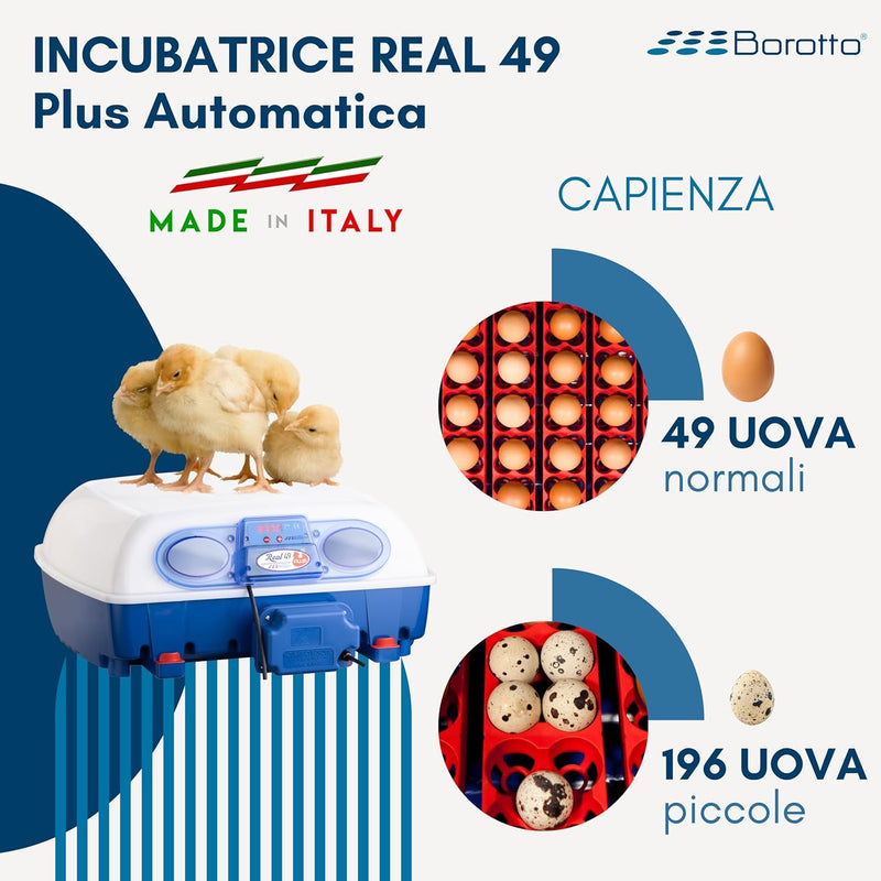 Borotto Real 49 Plus Automatica - Incubatrice Professionale Brevettata, Girauova Automatico, Materiale Termoisolante con Antibatterico - per 49 Uova o 196 Uova Piccole