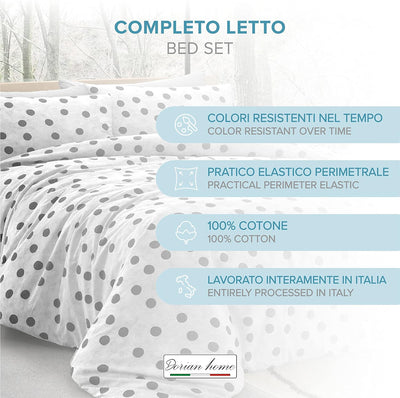 Dorian Home Completo Letto Singolo, Set Completo lenzuola, Lenzuola Letto Singolo 100% Cotone 90x200 cm, Lenzuolo Sotto, Lenzuolo Sopra e Una Federa, Made in Italy, Pois Grigio