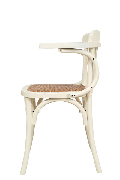 Biscottini Sedia Poltrona con braccioli Thonet in massello di frassino finitura bianca anticata e seduta in rattan