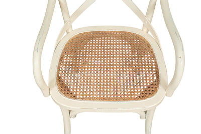 Biscottini Sedia con braccioli Thonet in massello di frassino bianca anticata e seduta in paglia di Vienna