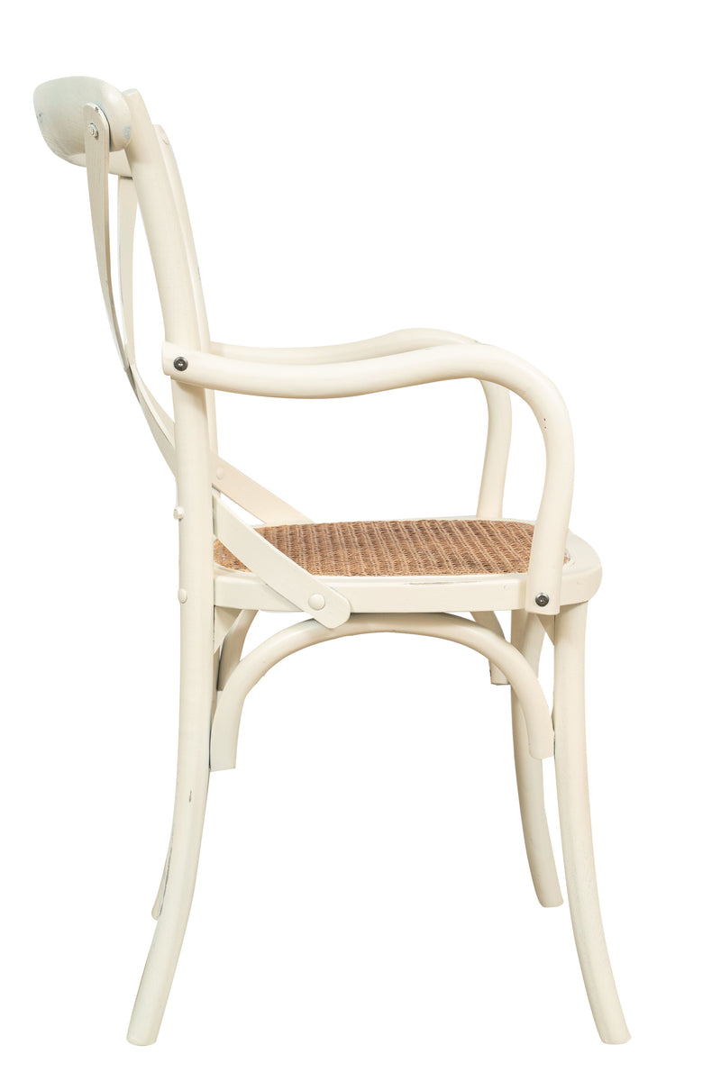 Biscottini Sedia con braccioli Thonet in massello di frassino bianca anticata e seduta in paglia di Vienna