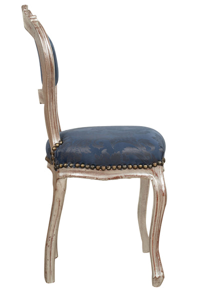 Biscottini Sedia poltroncina stile francese Luigi XVI in legno massello di faggio finitura argento e blu