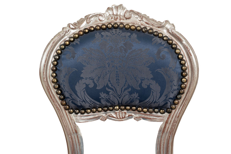 Biscottini Sedia poltroncina stile francese Luigi XVI in legno massello di faggio finitura argento e blu