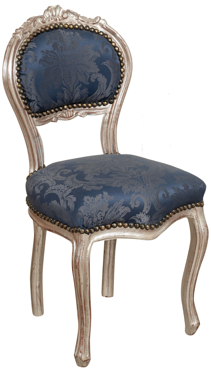 Biscottini Sedia poltroncina stile francese Luigi XVI in legno massello di faggio finitura argento e blu