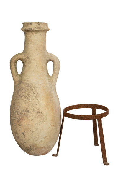 Biscottini Vecchia anfora giara con manici in terracotta e base portavasi in ferro