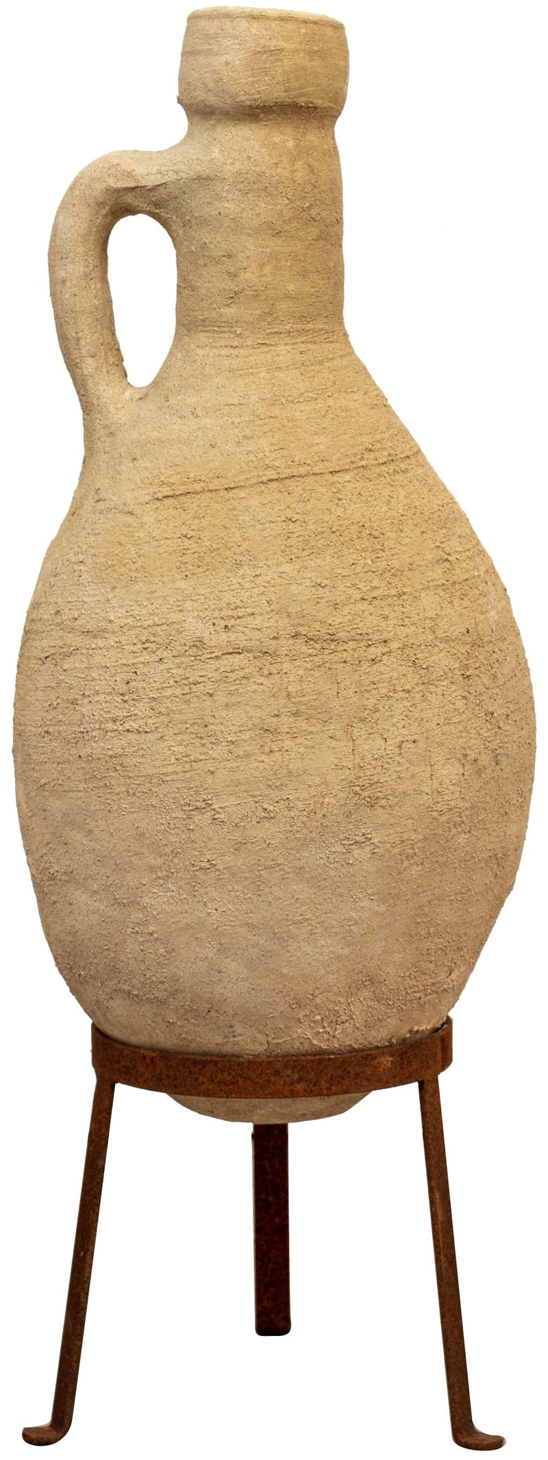 Biscottini Vecchia anfora giara con manici in terracotta e base portavasi in ferro