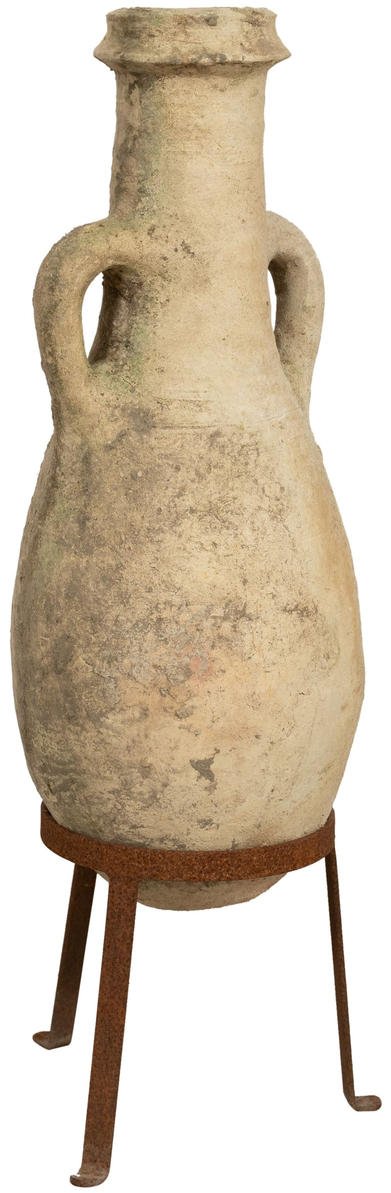 Biscottini Vecchia anfora giara con manici in terracotta e base portavasi in ferro