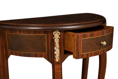 Biscottini Tavolino Consolle in legno impiallacciato noce arricchito con particolari intarsi fatti a mano e decori in bronzo