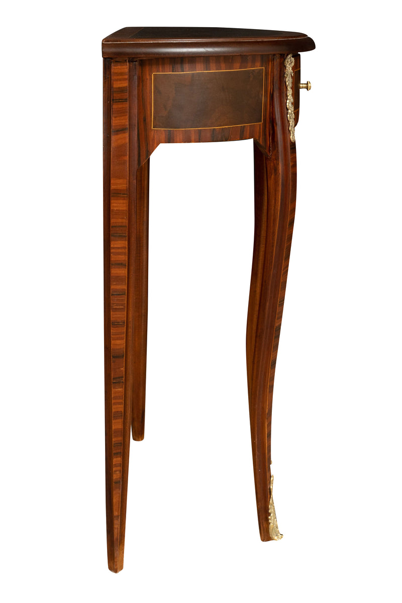 Biscottini Tavolino Consolle in legno impiallacciato noce arricchito con particolari intarsi fatti a mano e decori in bronzo
