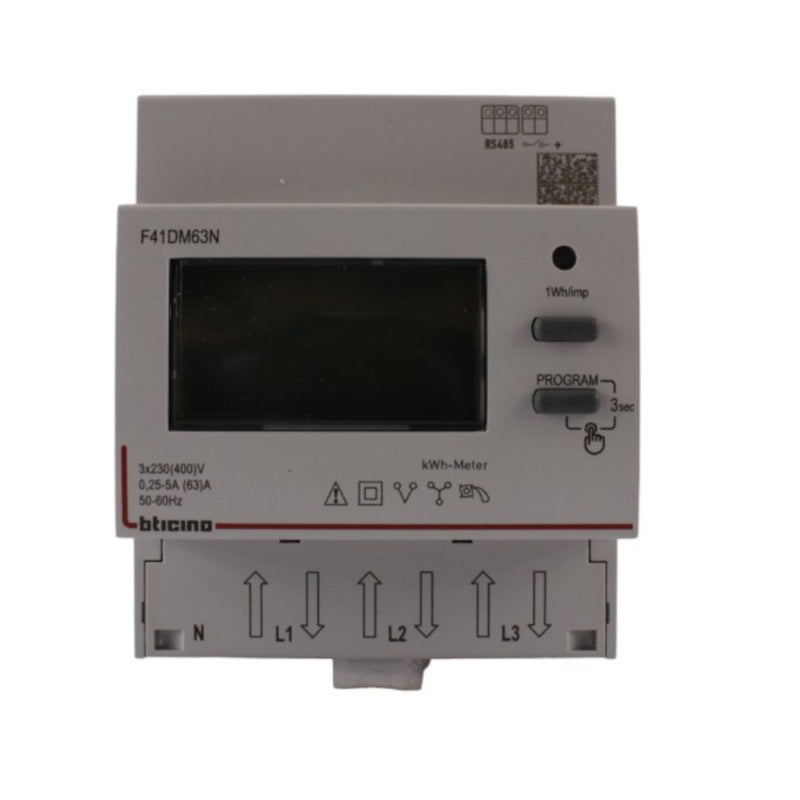 Contatore trifase per collegamento diretto uscita RS485 63A 4 moduli 230VAC Bticino