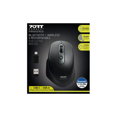 Port Bluetooth and 2.4 Ghz Rechargeable Combo Wireless Mouse. Includes 5 buttons; 2 scroll wheels supporting vertical and horizontal scrolling. Integrated rechargeable battery and includes both USB-A