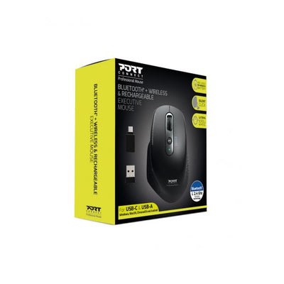 Port Bluetooth and 2.4 Ghz Rechargeable Combo Wireless Mouse. Includes 5 buttons; 2 scroll wheels supporting vertical and horizontal scrolling. Integrated rechargeable battery and includes both USB-A