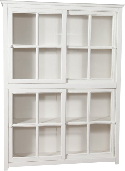 Biscottini Libreria vetrina con ante scorrevoli in legno massello di tiglio, finitura bianca anticata L154xPR37xH212 cm. Made in Italy
